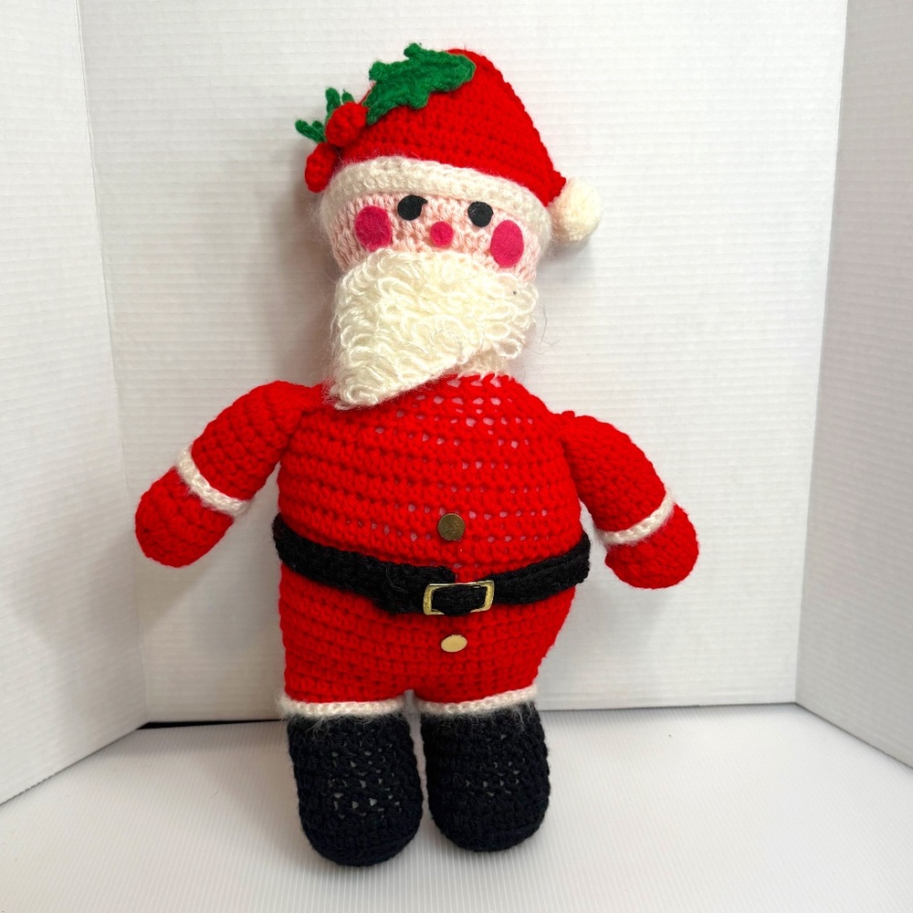 Vintage Handmade Crochet Santa Claus St. Nick Plush Doll Yarn Christmas Decor